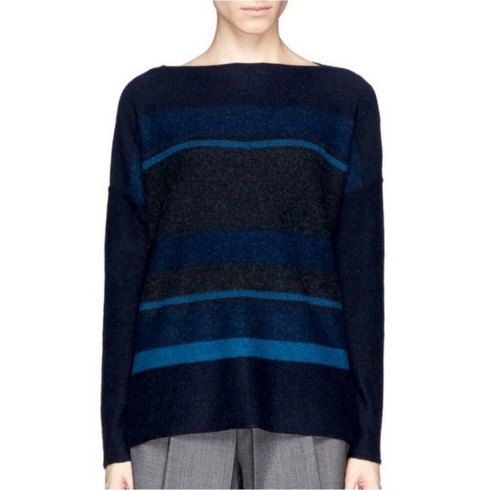 Vince Wool Cashmere Striped Boat Neck Long Sleeve Sweater Blue Gray Casual S